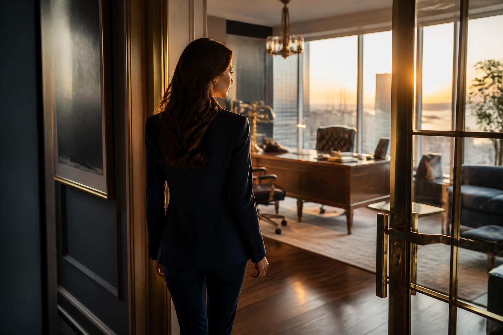 Kim Knotts walking into her executive advisory office at golden hour